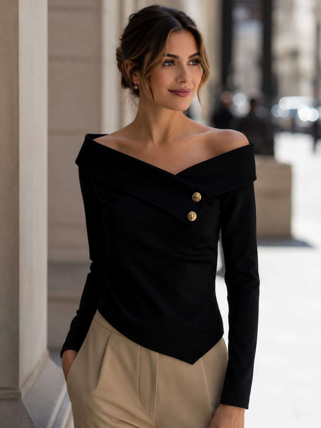 Off-Shoulder Button Decor Blouse