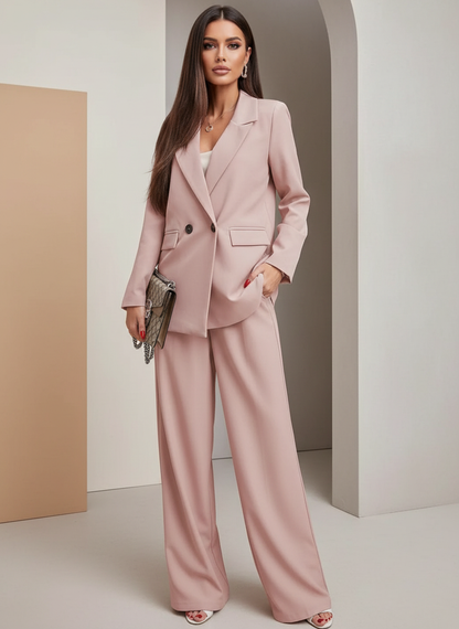 Buttoned Lapel Blazer & Wide Leg Pants Set