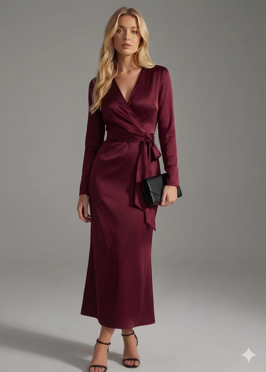 Satin Tie Waist Long Sleeve Wrap Maxi Dress | Burgundy Formal Dress