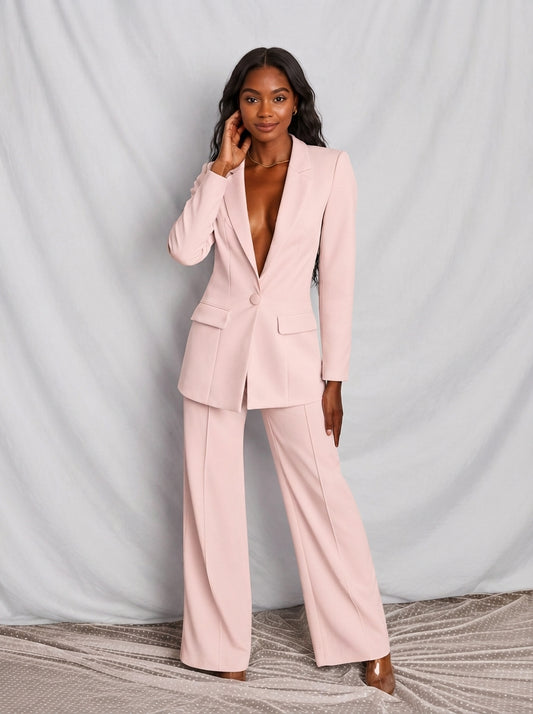 Tailored One-Button Blazer & Wide-Leg Pants Set