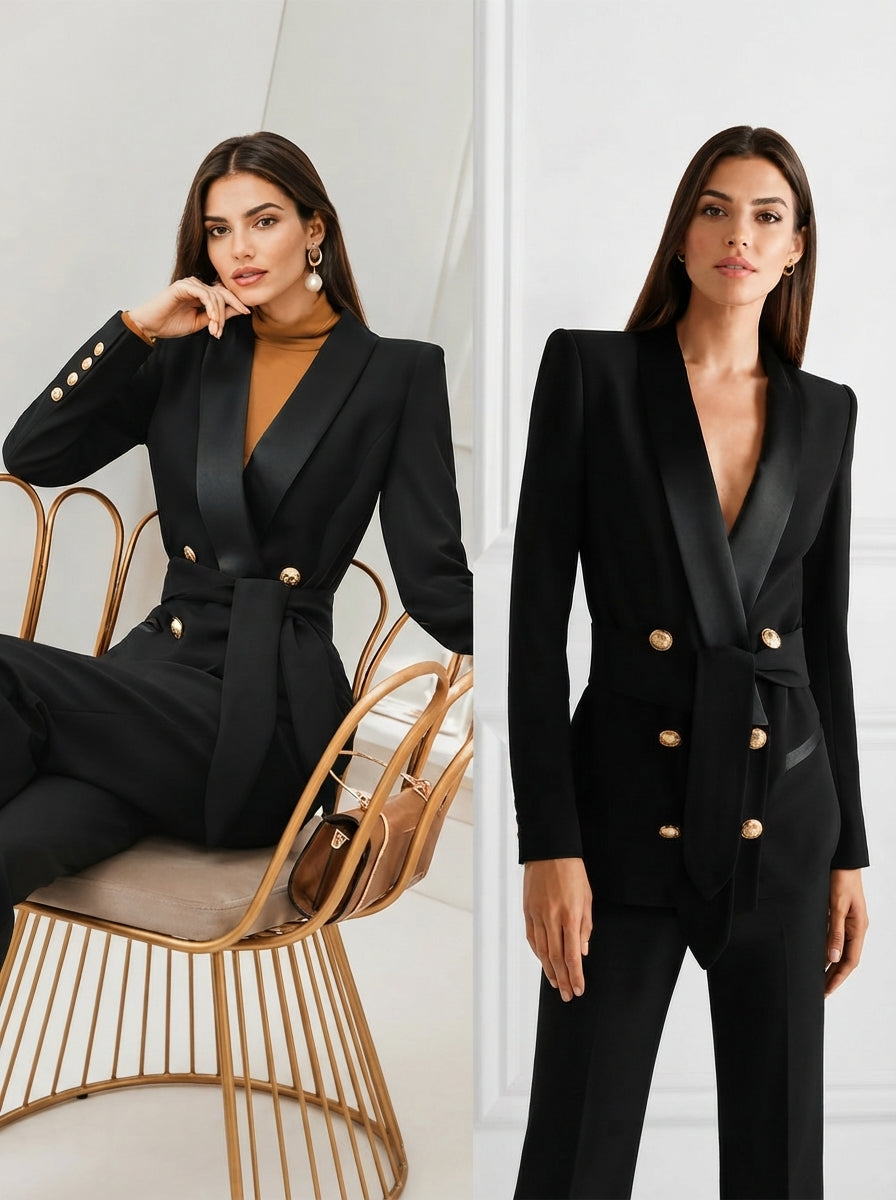 Black Double-Breasted Belted Blazer with Satin Shawl Lapel