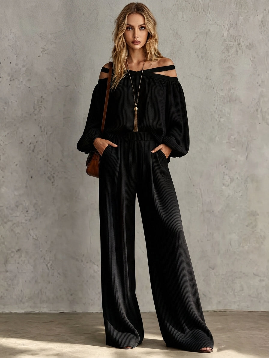 Off-Shoulder Crisscross Ribbed Knit Set