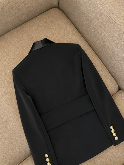Double-Breasted Slim Fit Blazer with Belt and Gold Buttons