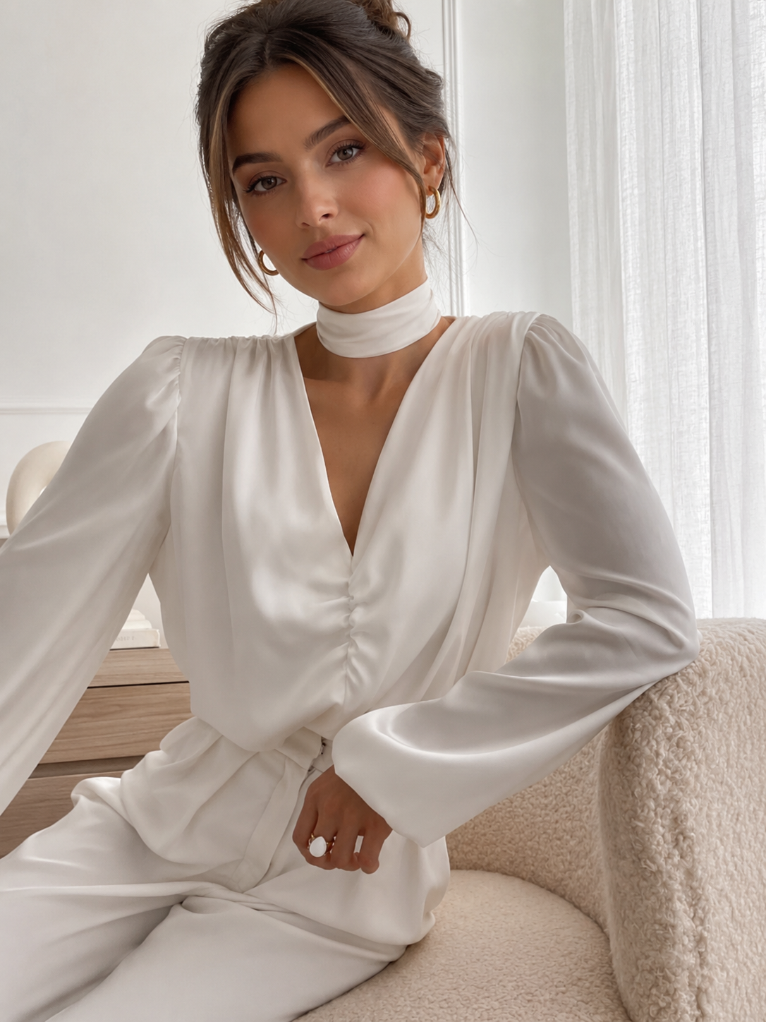 V-Neck Ruched Long Sleeve Satin Blouse for Women
