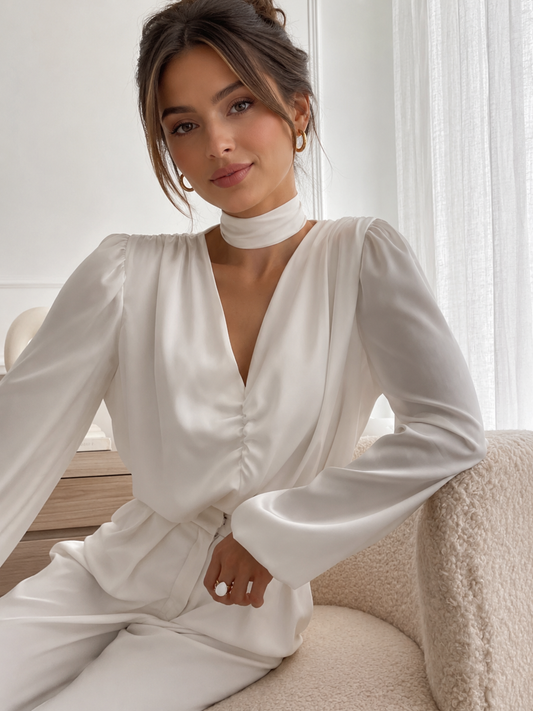 V-Neck Ruched Long Sleeve Satin Blouse for Women