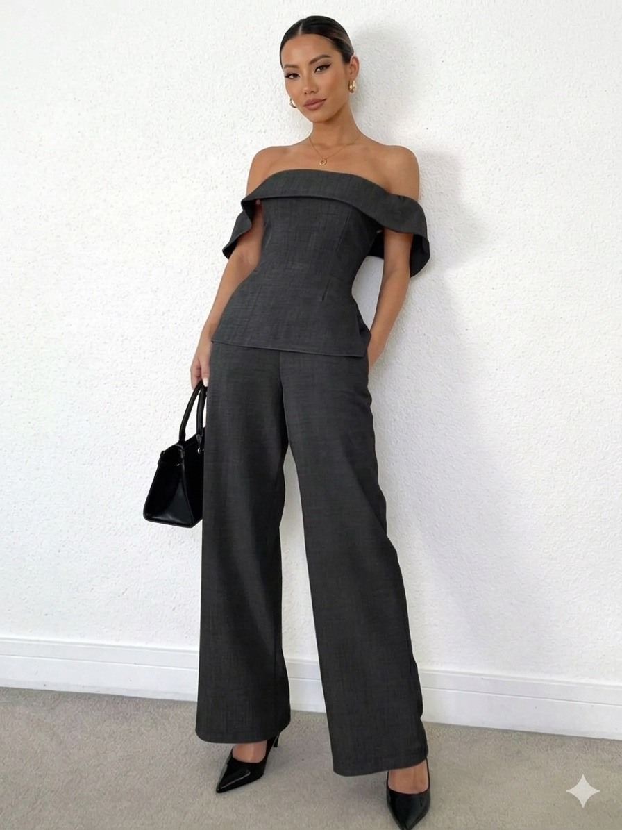 Off-Shoulder Top and Wide-Leg Pants Two-Piece Set