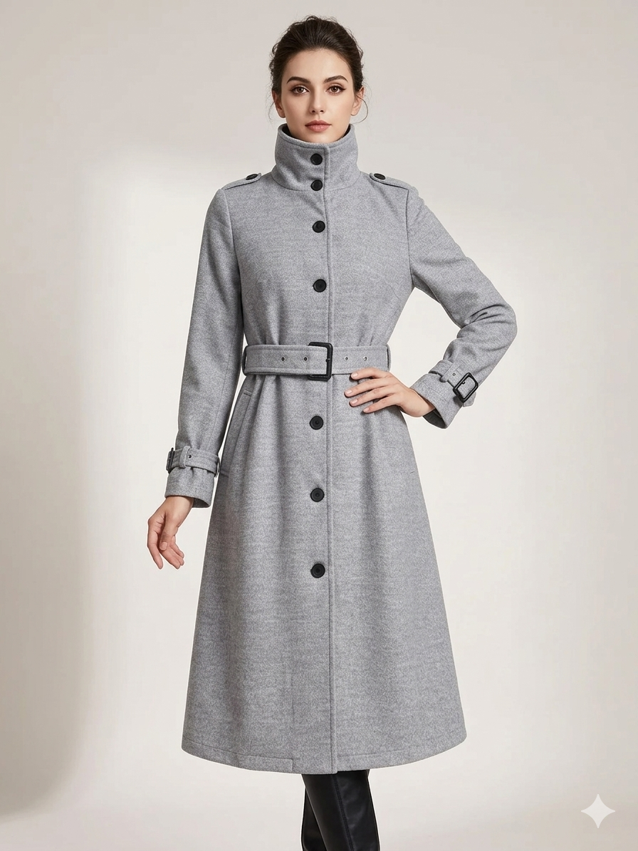 Button-Down Longline Coat with Belt Stand Collar Women's Coat – Gray Elegant Winter Coat