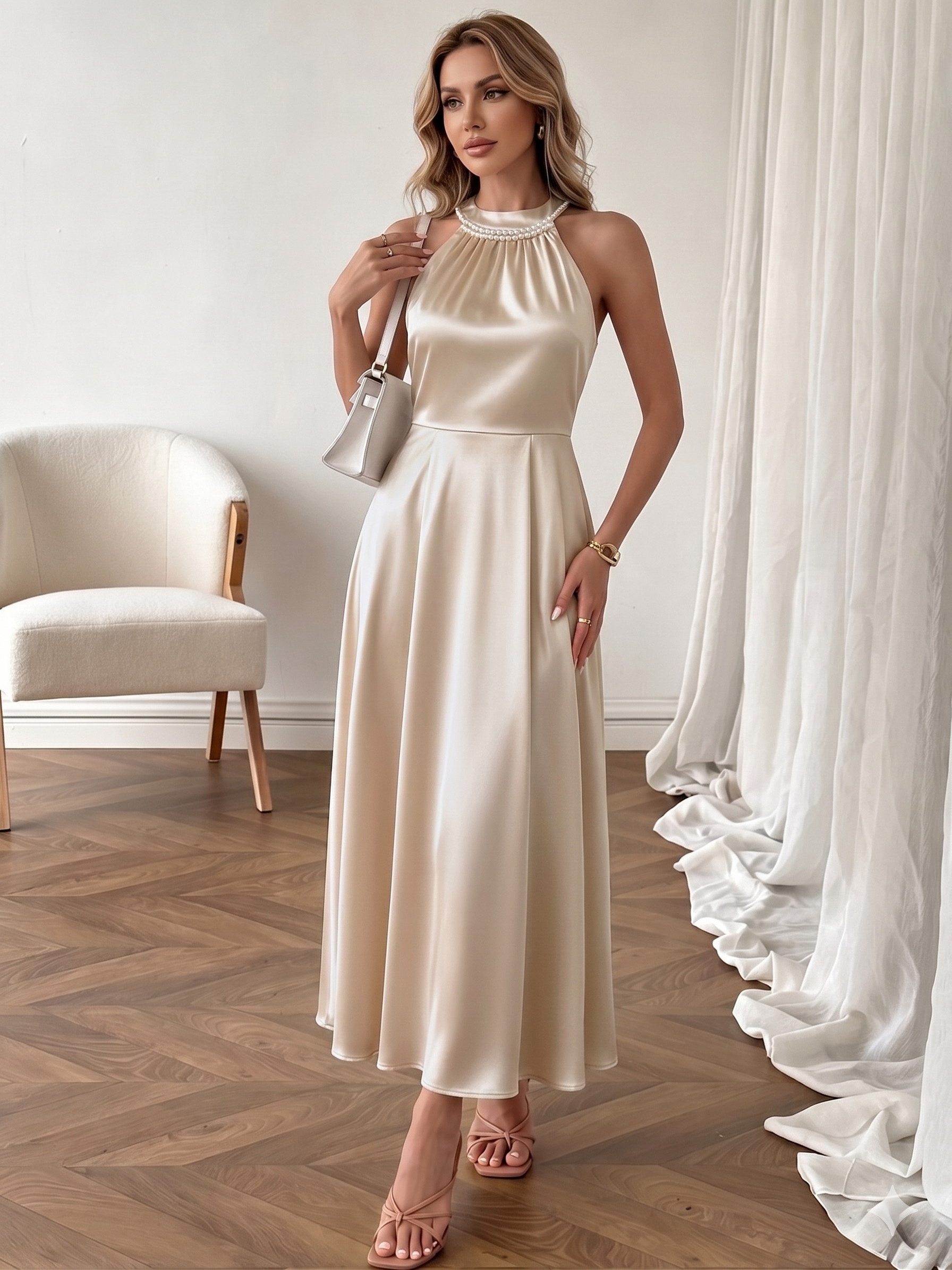 The Vivienne Pearl Dress | Champagne Satin Pearl-Halter Midi Dress