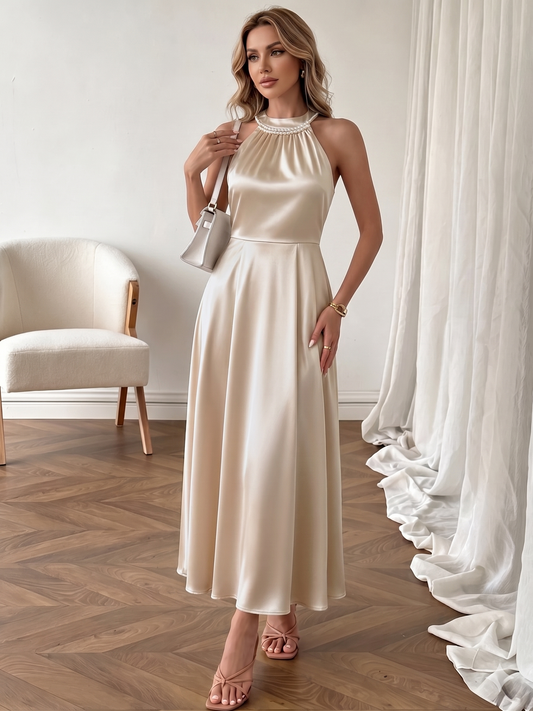 Pearl Halter Neck Satin Midi Dress Elegant A-Line Dress for Women