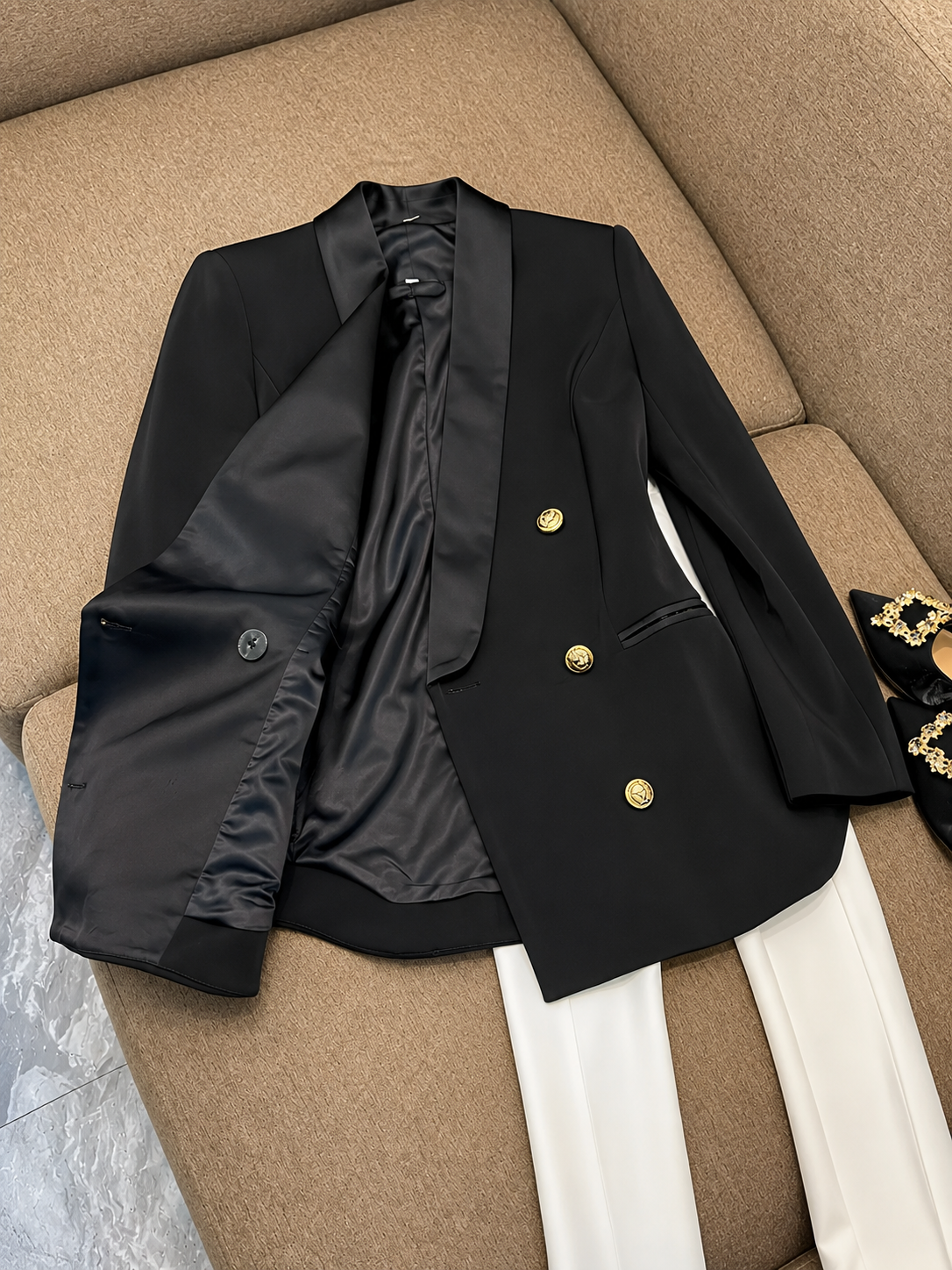 Double-Breasted Slim Fit Blazer with Belt and Gold Buttons