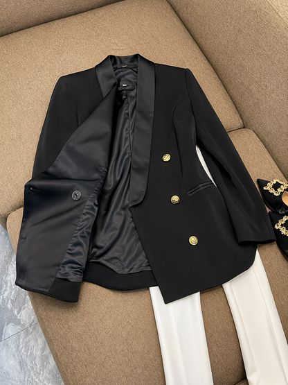 Double-Breasted Slim Fit Blazer with Belt and Gold Buttons