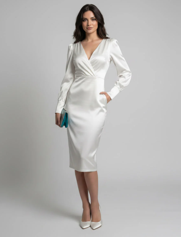Surplice Long Sleeve Satin Midi Dress