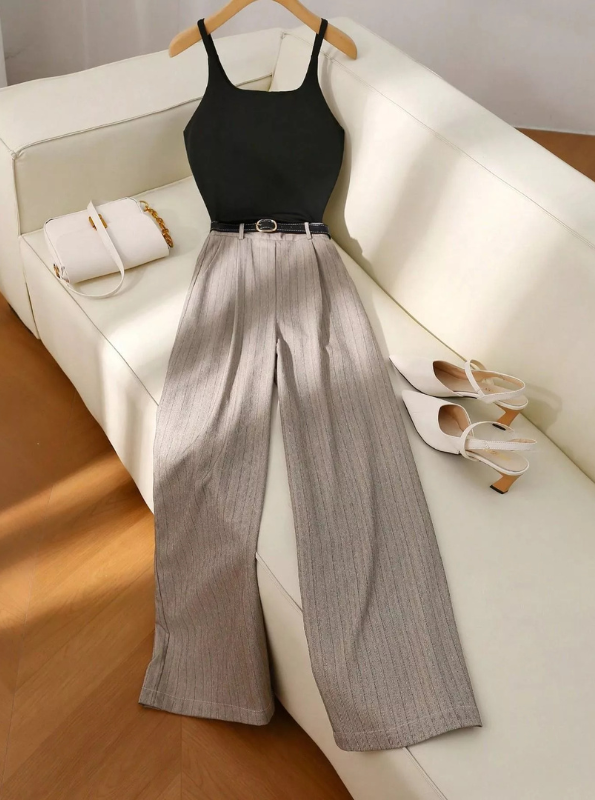 Minimalist Sleeveless Top & Pinstripe Wide-Leg Pants Set