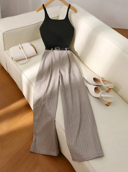 Minimalist Sleeveless Top & Pinstripe Wide-Leg Pants Set