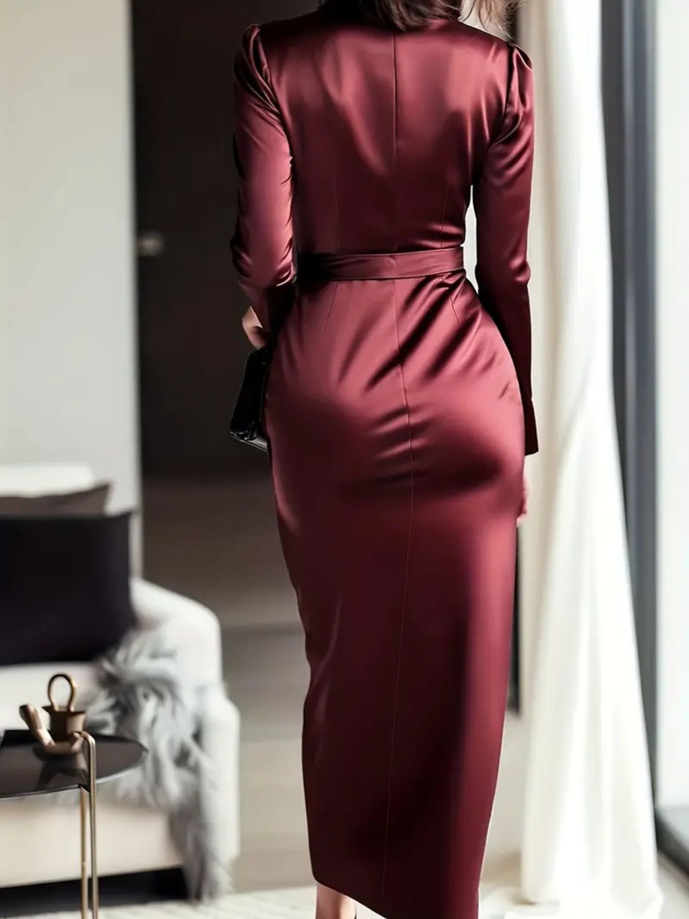 Satin Tie Waist Long Sleeve Wrap Maxi Dress