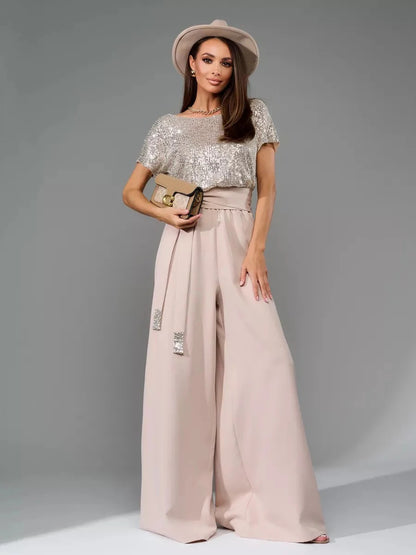 Sequin Wide Leg Jumpsuit Women's Evening Two-Piece Set