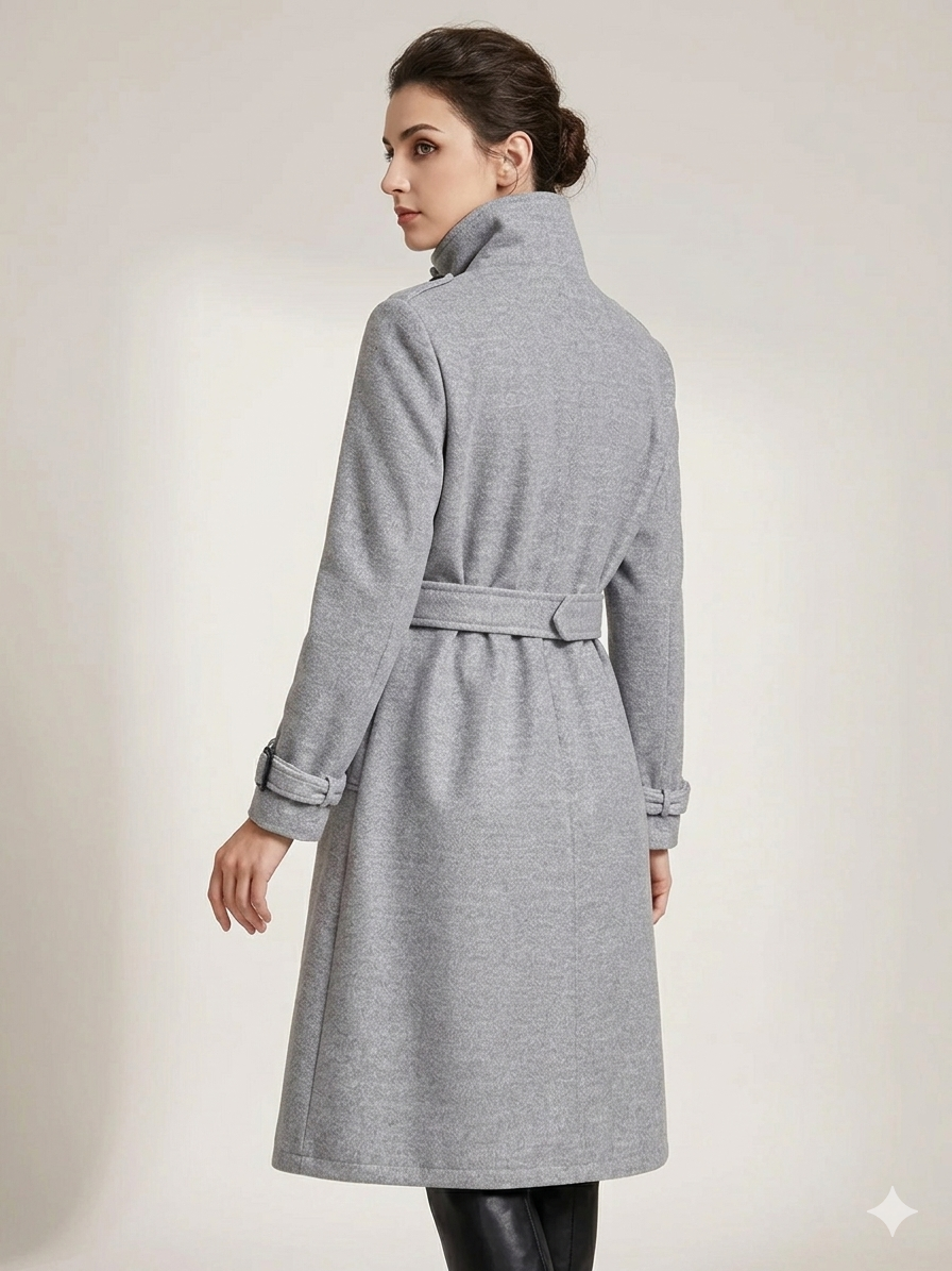 Button-Down Longline Coat with Belt Stand Collar Women's Coat – Gray Elegant Winter Coat