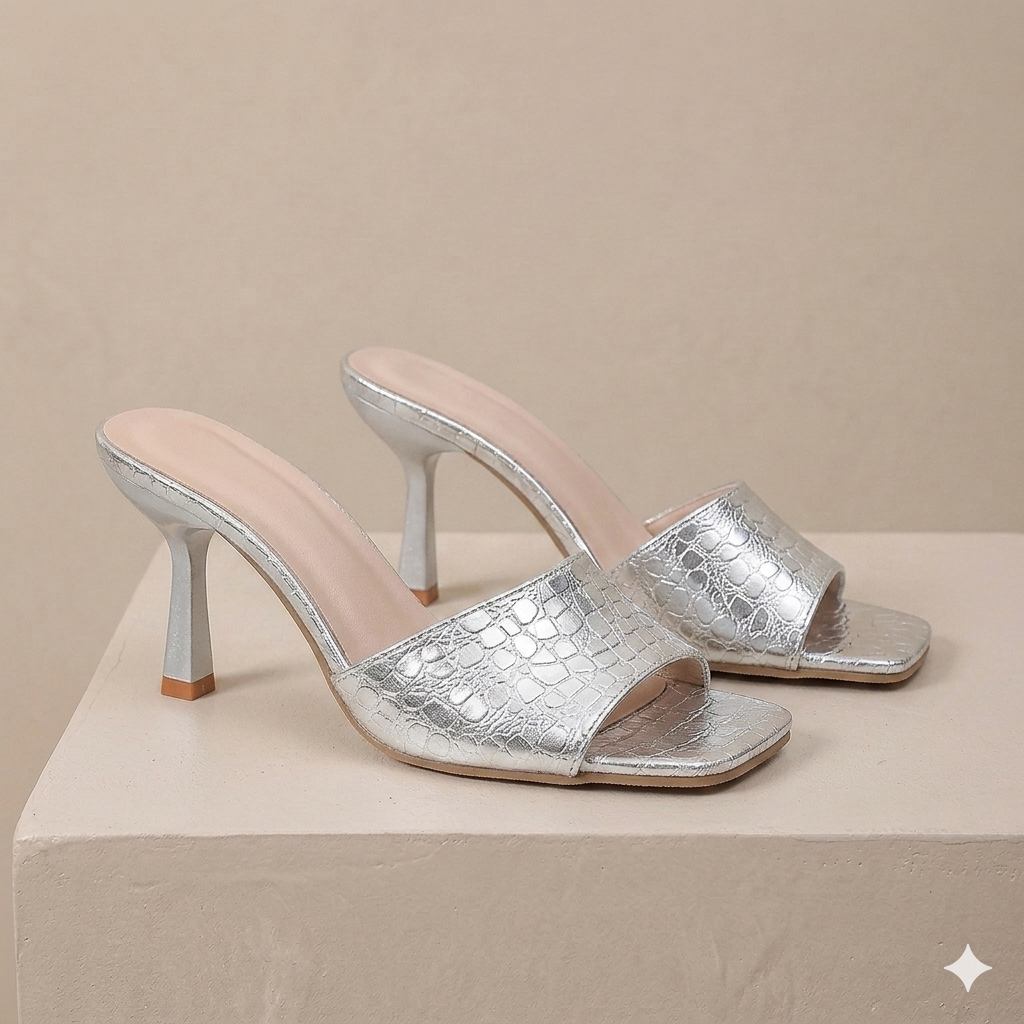 Croc-Embossed Open Toe Flare Heel Sandals