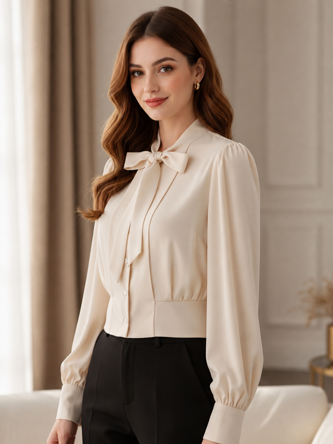 Bow Tie Neck Long Sleeve Button Down Blouse