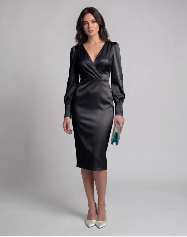 Surplice Long Sleeve Satin Midi Dress