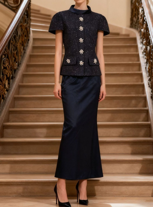 Embellished Tweed Jacket & Satin Maxi Skirt Set