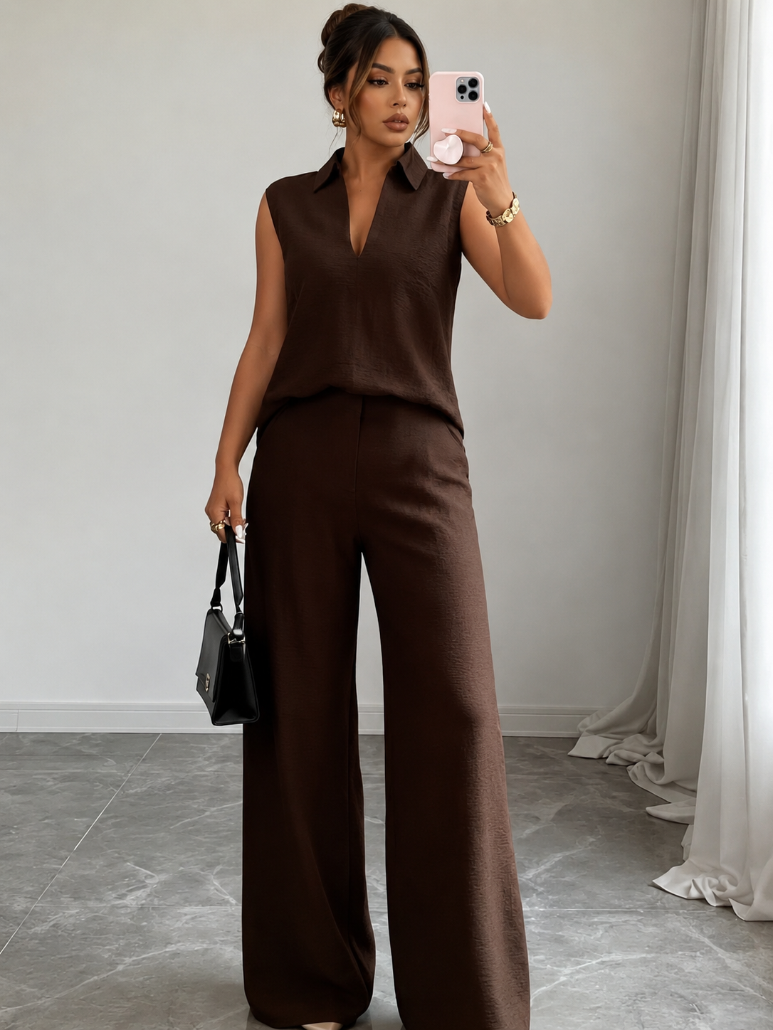 Sleeveless Collared Top and Wide Leg Pants Set