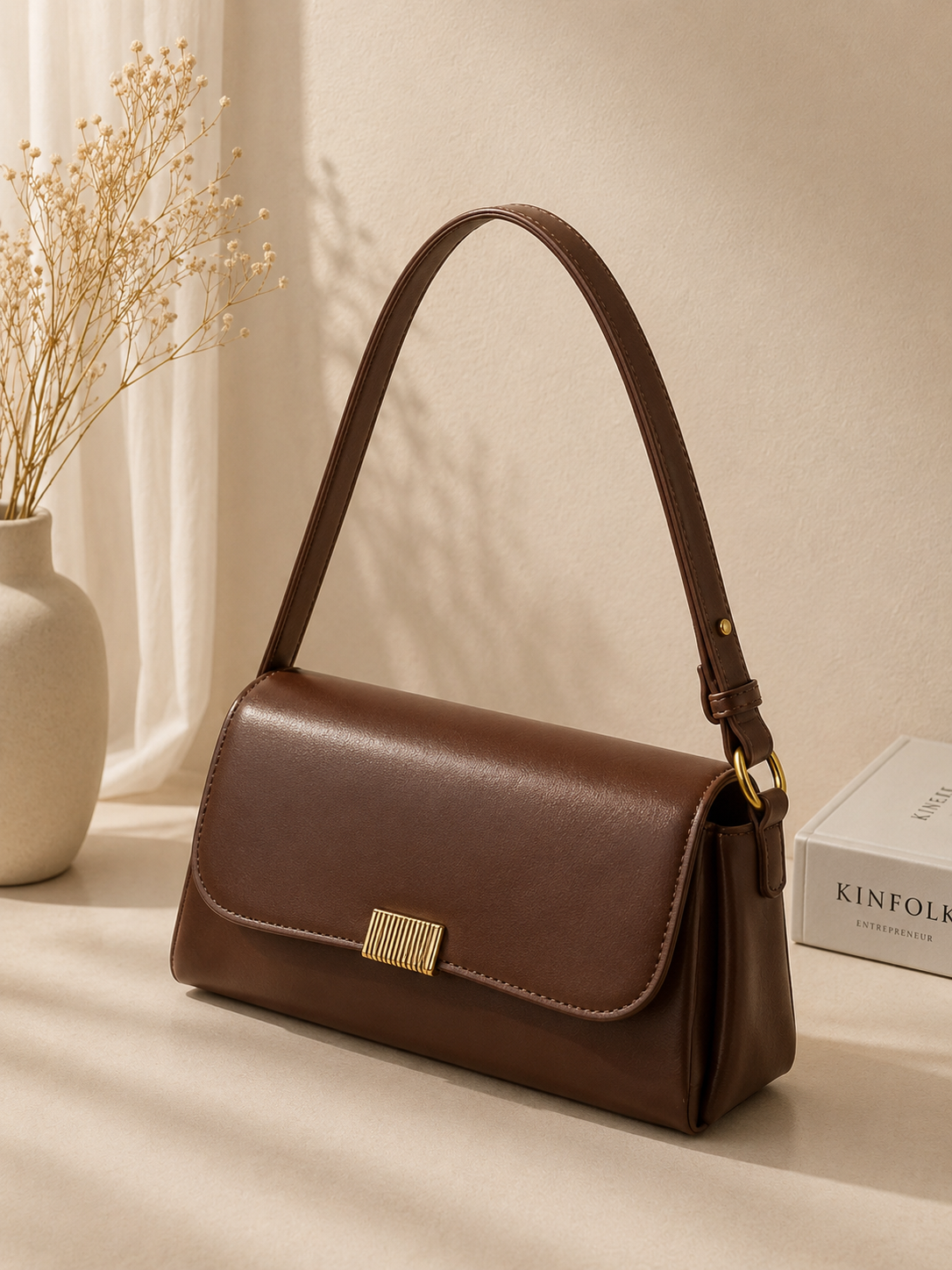 Flap Leather Shoulder Bag with Gold Clasp