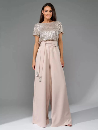 Sequin Wide Leg Jumpsuit Women's Evening Two-Piece Set