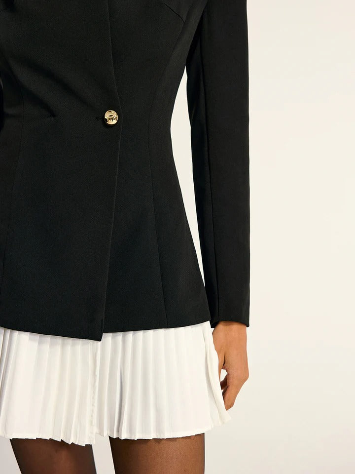 Pleated One Button Blazer Dress Black & White Contrast Mini Dress