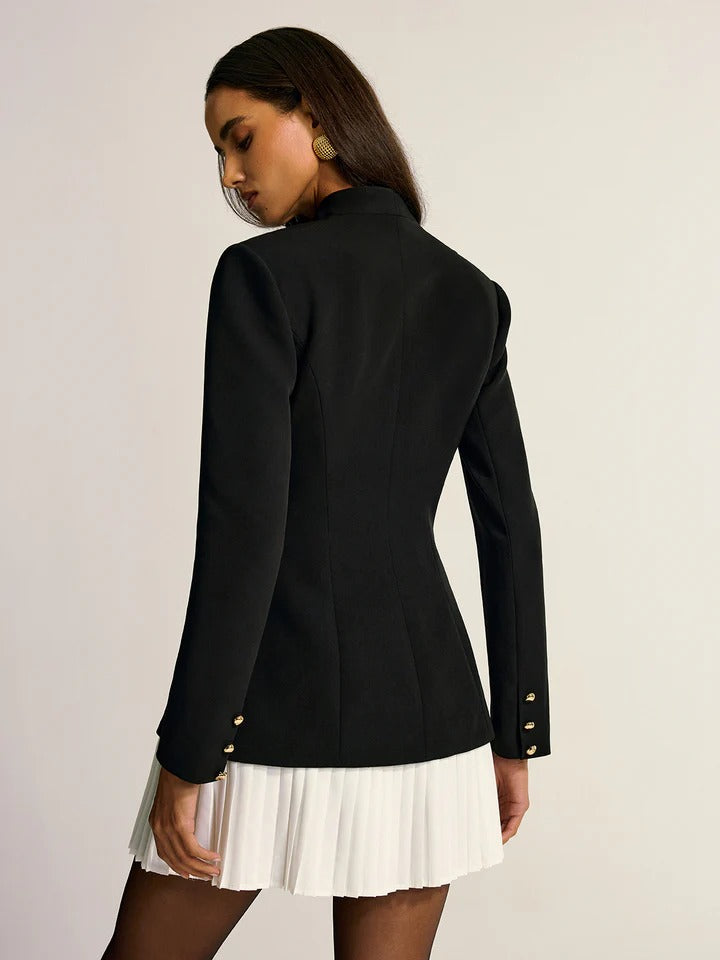 Pleated One Button Blazer Dress Black & White Contrast Mini Dress
