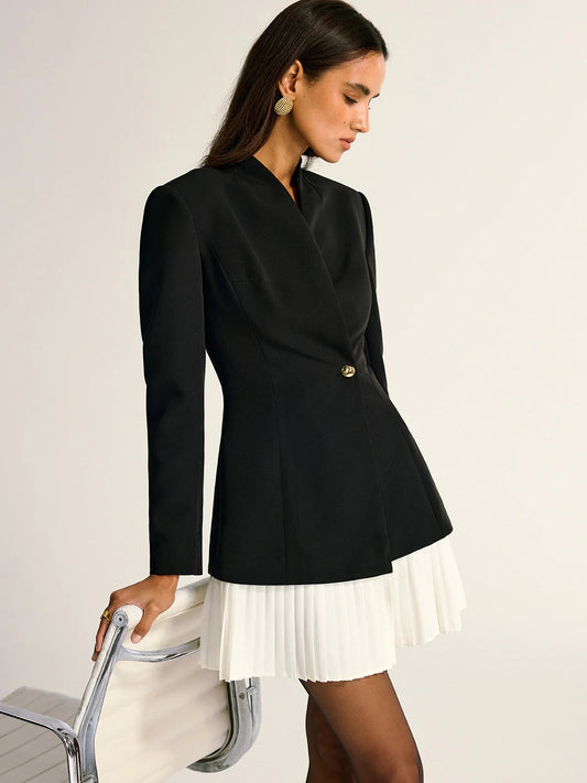 Pleated One Button Blazer Dress Black & White Contrast Mini Dress