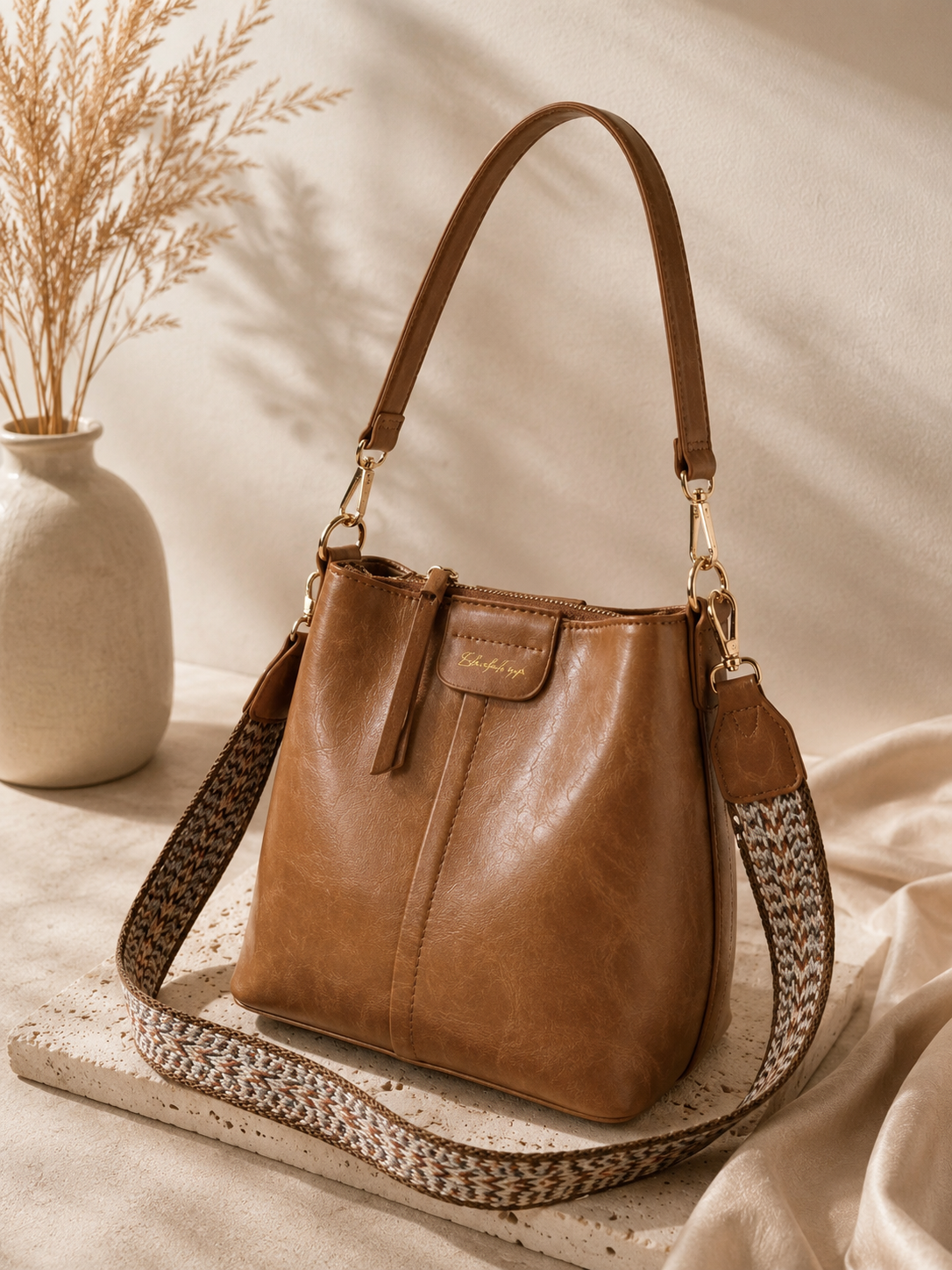 PU Leather Bucket Shoulder Bag with Wide Boho Strap