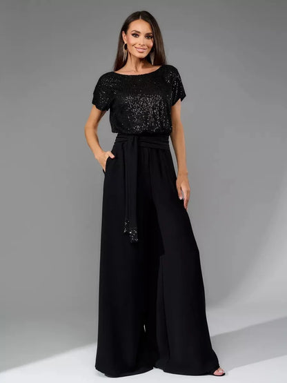 Sequin Wide Leg Jumpsuit Women's Evening Two-Piece Set