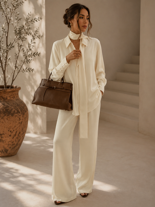 Set consisting of a textured blouse and wide-leg pants