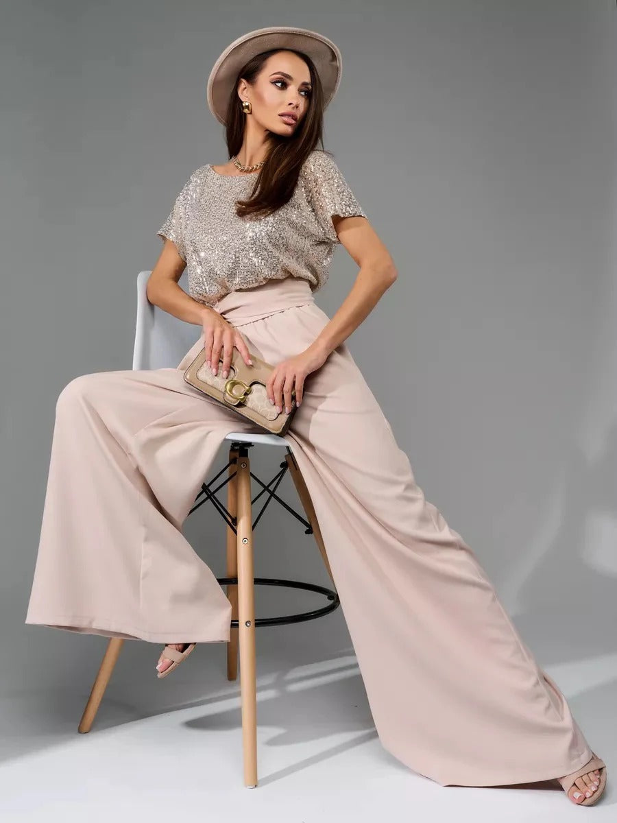 Sequin Wide Leg Jumpsuit Women's Evening Two-Piece Set