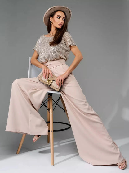 Sequin Wide Leg Jumpsuit Women's Evening Two-Piece Set
