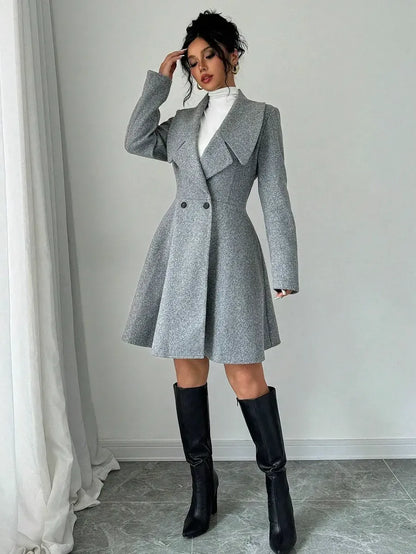 Double-Breasted Flared Coat Structured A-Line Outerwear for Women