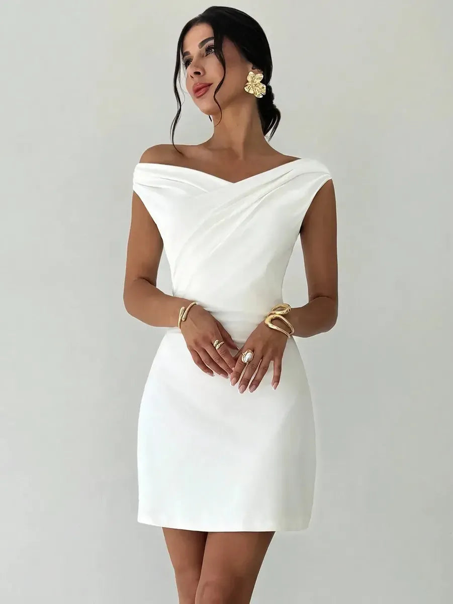 Off-Shoulder Draped Satin Mini Dress Elegant Bodycon Dress for Women