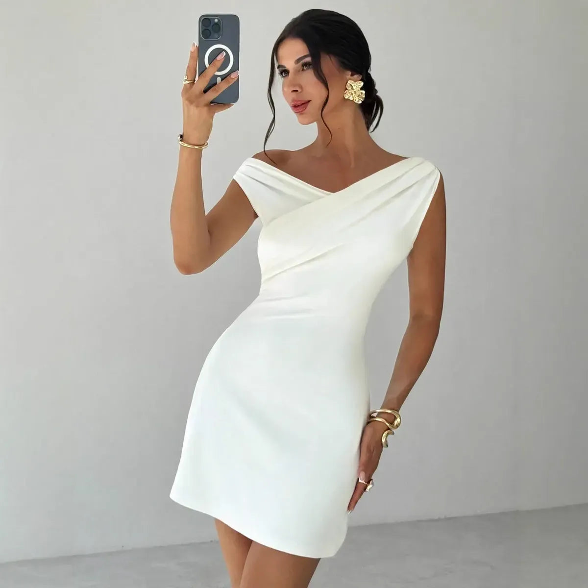 Off-Shoulder Draped Satin Mini Dress Elegant Bodycon Dress for Women