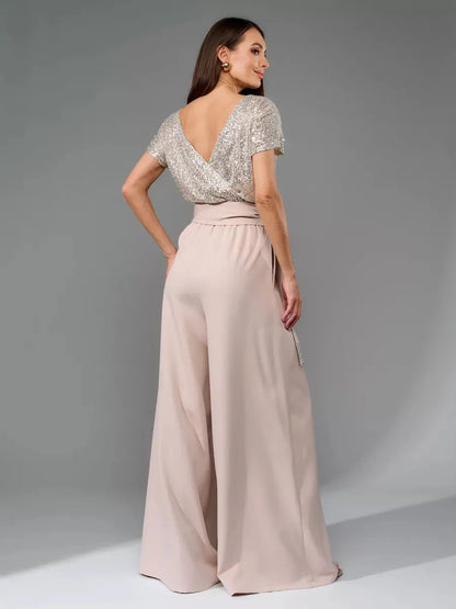 Sequin Wide Leg Jumpsuit Women's Evening Two-Piece Set