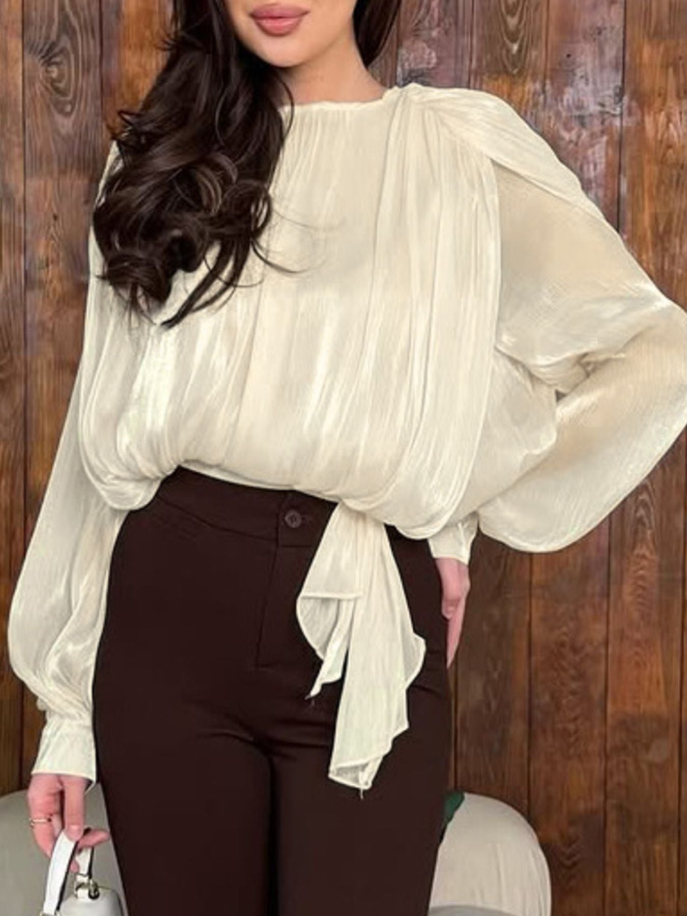 Metallic Sheen Tie-Detail Blouse – Elegant Long Sleeve Top