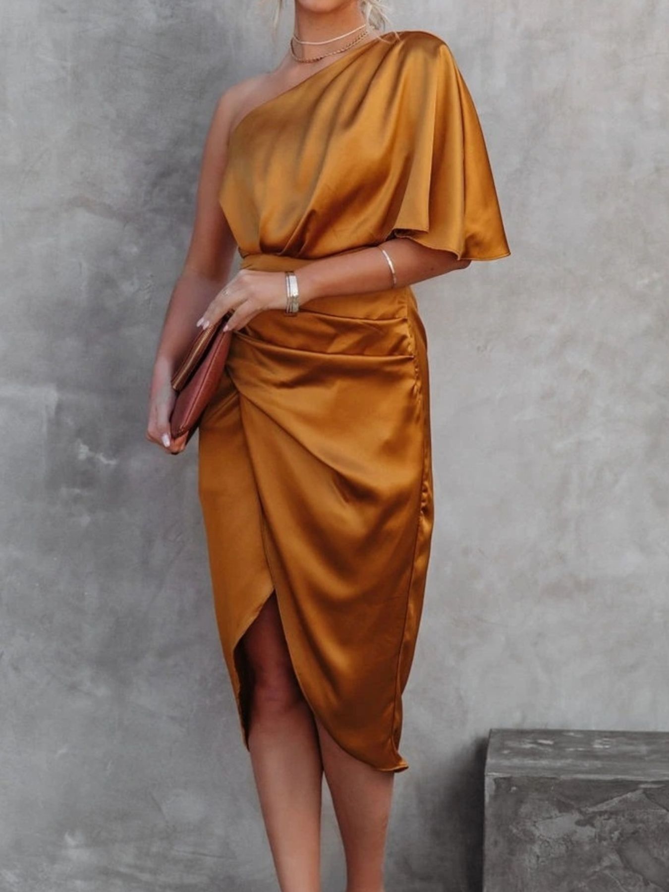 One-Shoulder Satin Wrap Midi Dress with Side Slit