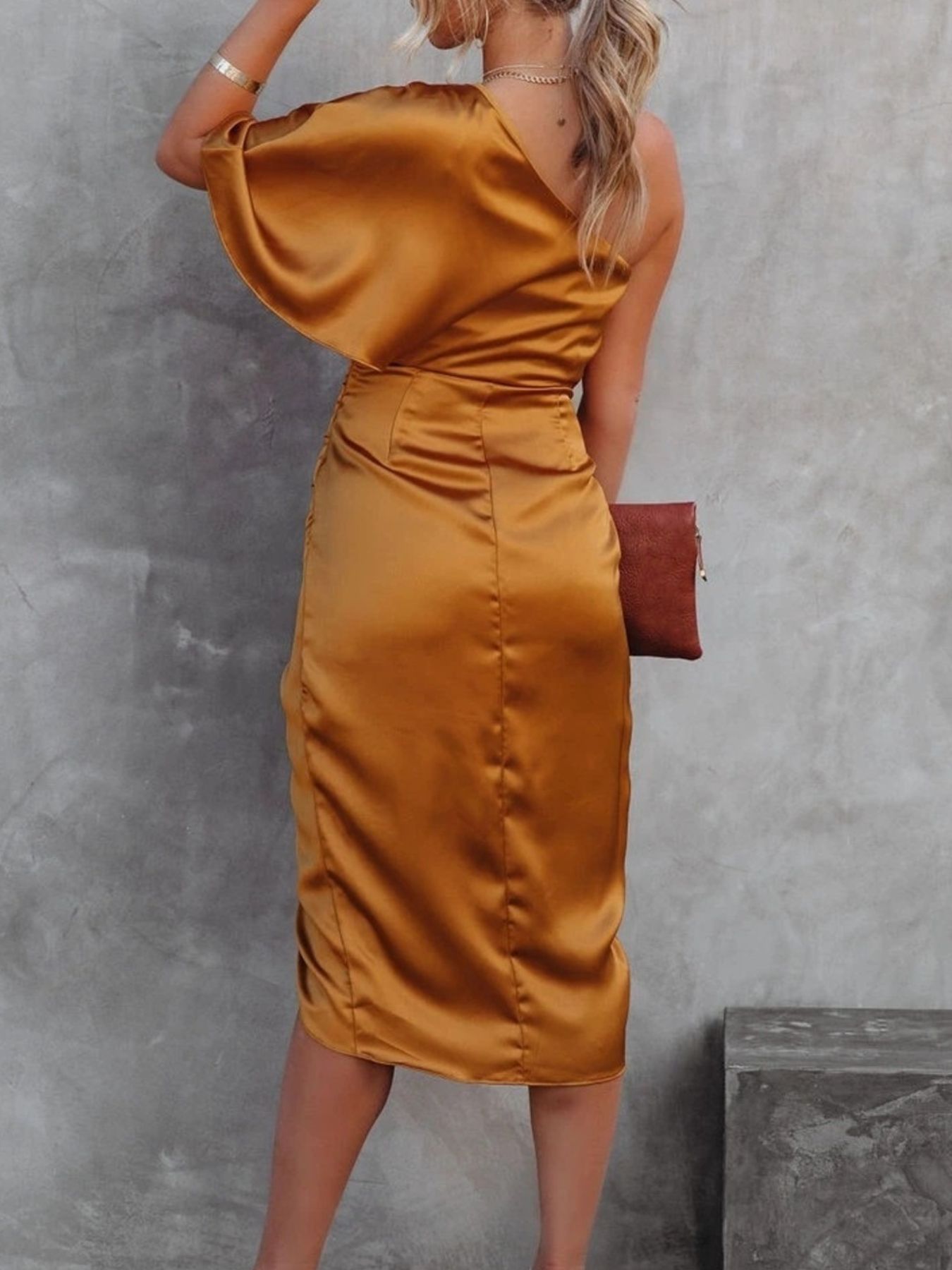 One-Shoulder Satin Wrap Midi Dress with Side Slit