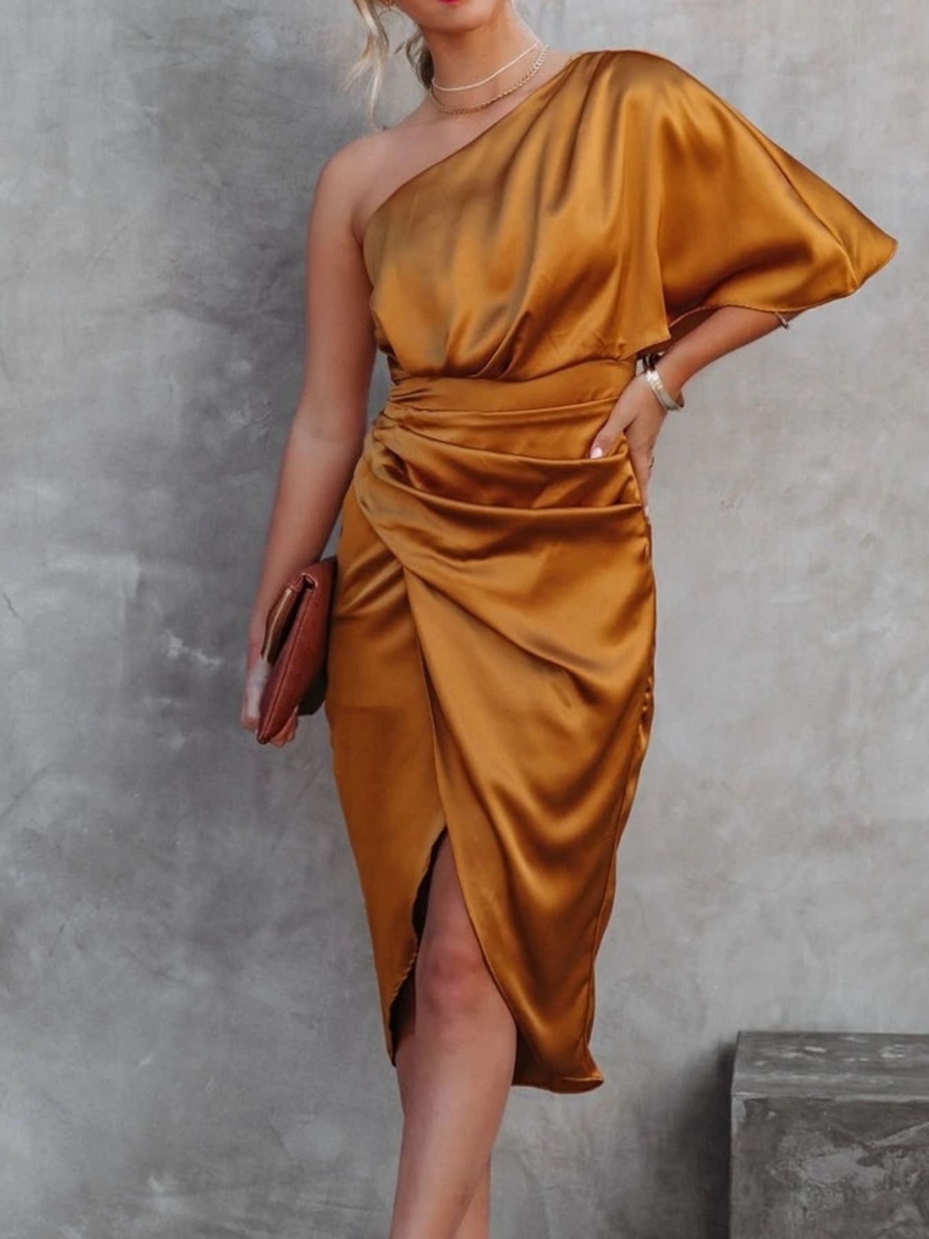 One-Shoulder Satin Wrap Midi Dress with Side Slit