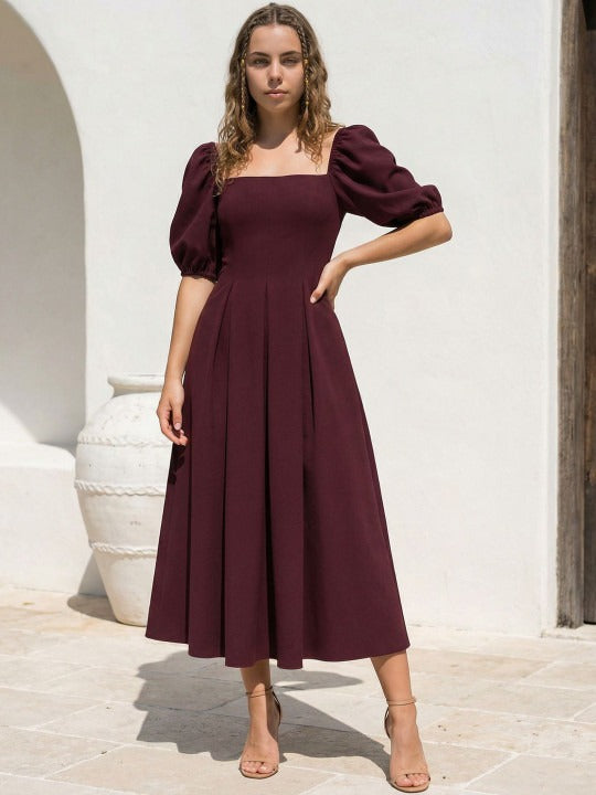 Square Neck Flutter Sleeve Midi Dress
