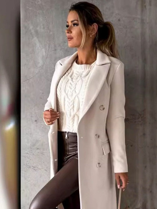 Double-Breasted Longline Coat Pocketed Women's Coat