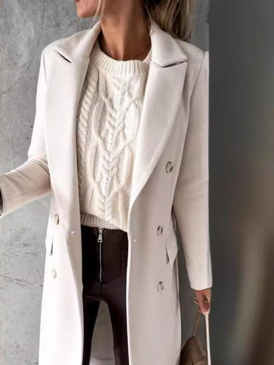Double-Breasted Longline Coat Pocketed Women's Coat