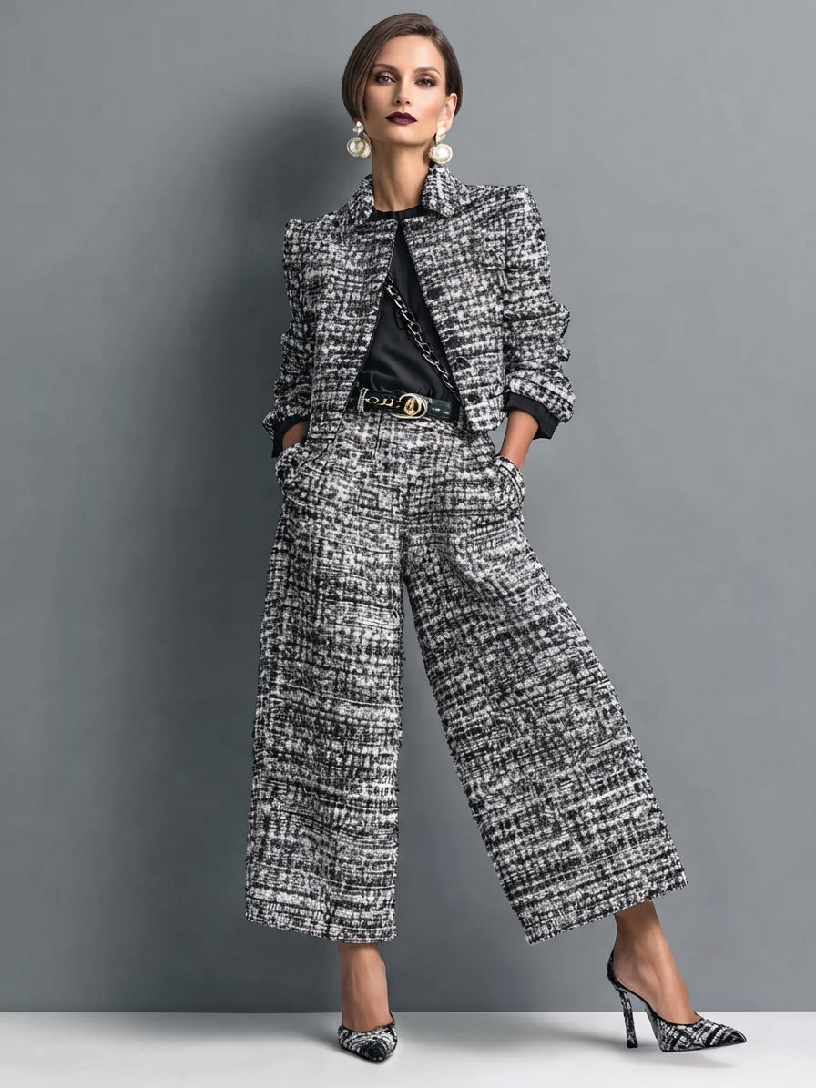 The Blair Tweed Set | Cropped Jacket & Wide-Leg Pants in Black & White