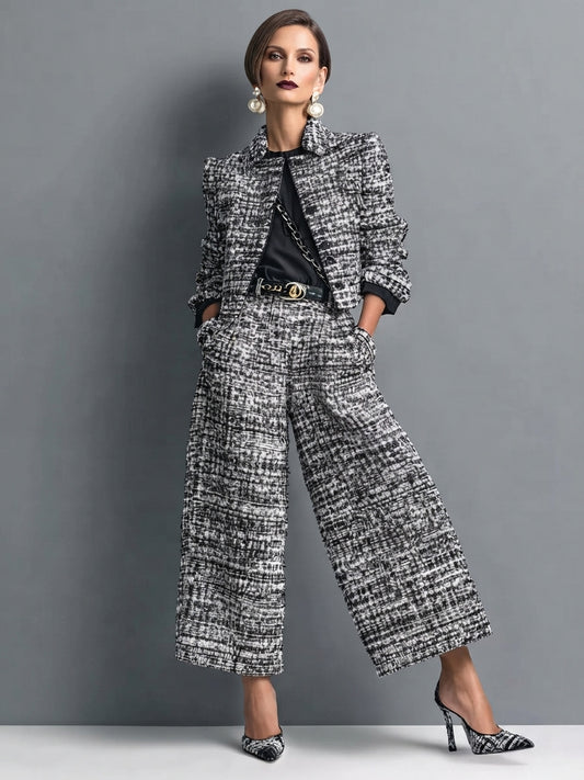 The Blair Tweed Set | Cropped Jacket & Wide-Leg Pants in Black & White