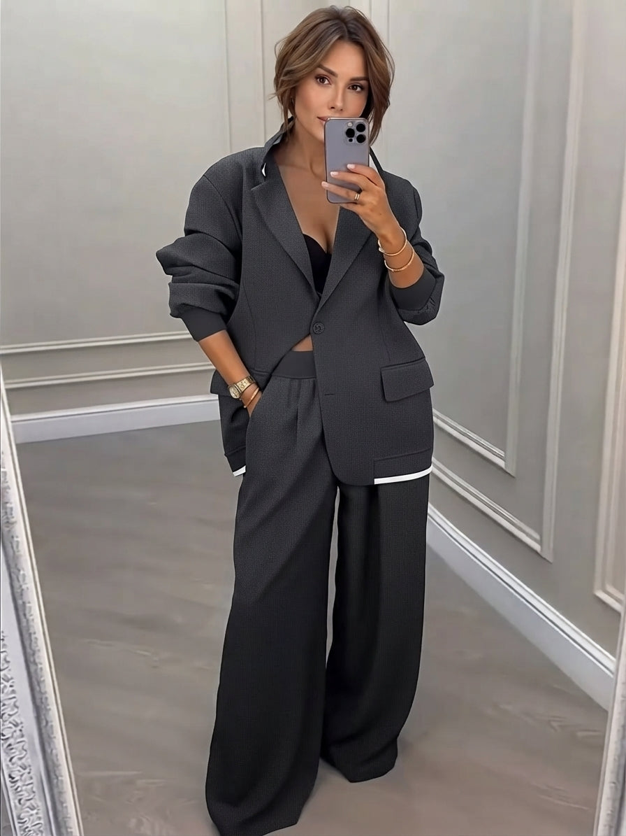 The Rowan Blazer Set | Charcoal Oversized Blazer & Wide-Leg Pants